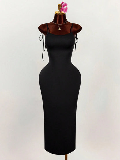 Amplova Generous Neckline Spaghetti Strap Bow Tie Backless Ruched High Slit Bodycon Maxi Dress