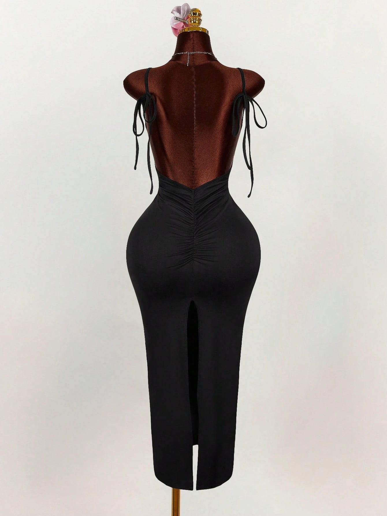 Amplova Generous Neckline Spaghetti Strap Bow Tie Backless Ruched High Slit Bodycon Maxi Dress