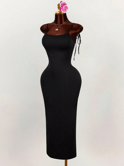 Amplova Generous Neckline Spaghetti Strap Bow Tie Backless Ruched High Slit Bodycon Maxi Dress