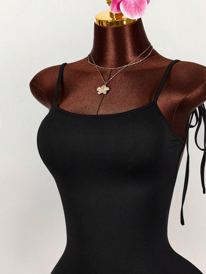 Amplova Generous Neckline Spaghetti Strap Bow Tie Backless Ruched High Slit Bodycon Maxi Dress