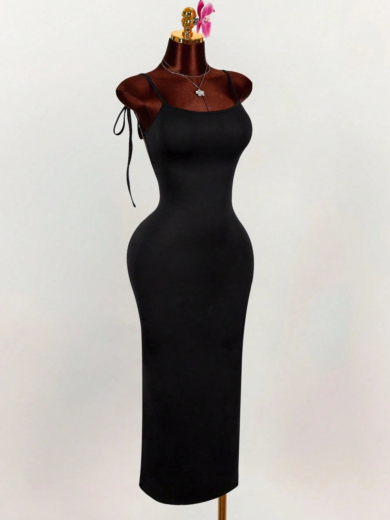Amplova Generous Neckline Spaghetti Strap Bow Tie Backless Ruched High Slit Bodycon Maxi Dress