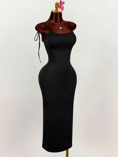 Amplova Generous Neckline Spaghetti Strap Bow Tie Backless Ruched High Slit Bodycon Maxi Dress
