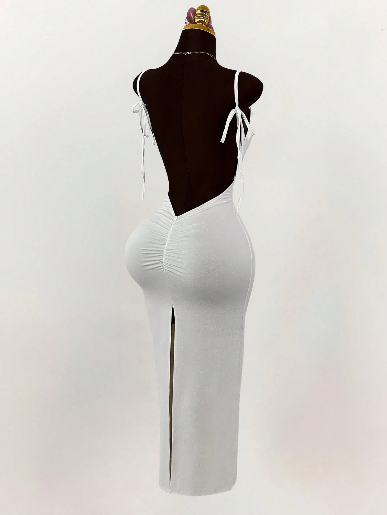 Amplova Generous Neckline Spaghetti Strap Bow Tie Backless Ruched High Slit Bodycon Maxi Dress