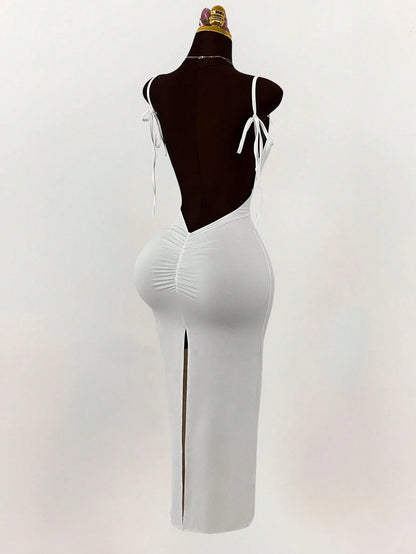 Amplova Generous Neckline Spaghetti Strap Bow Tie Backless Ruched High Slit Bodycon Maxi Dress