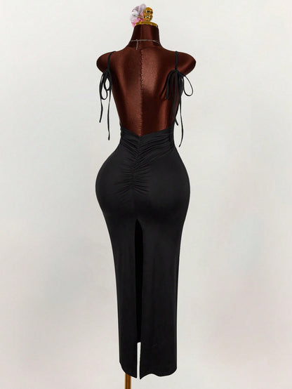 Amplova Generous Neckline Spaghetti Strap Bow Tie Backless Ruched High Slit Bodycon Maxi Dress