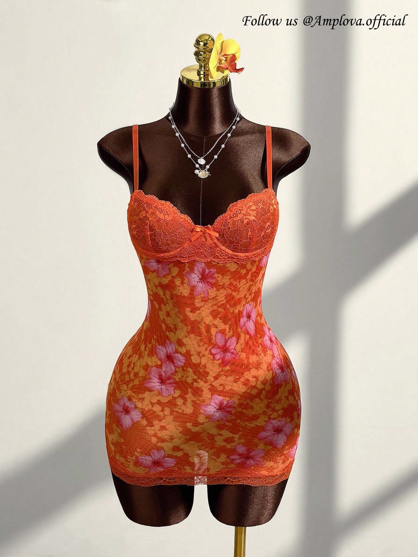 Amplova Lace Cup Detail Tropical Floral Mesh Bodycon Mini Dress,Bohemian Tropical Sexy Clothes Vacation Night Out Burnt Orange Summer