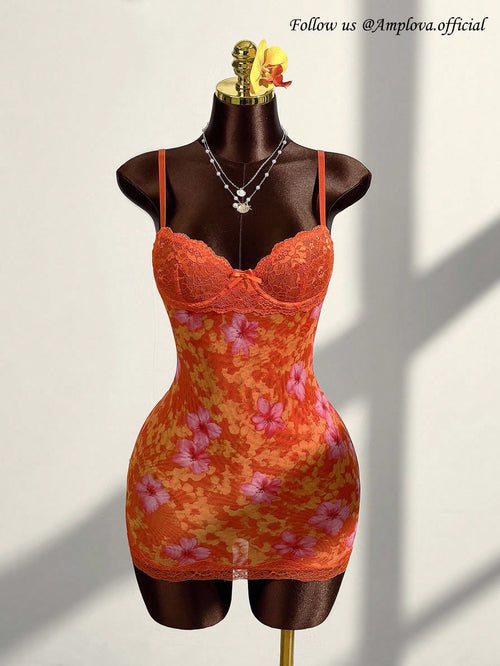 Amplova Lace Cup Detail Tropical Floral Mesh Bodycon Mini Dress,Bohemian Tropical Sexy Clothes Vacation Night Out Burnt Orange Summer