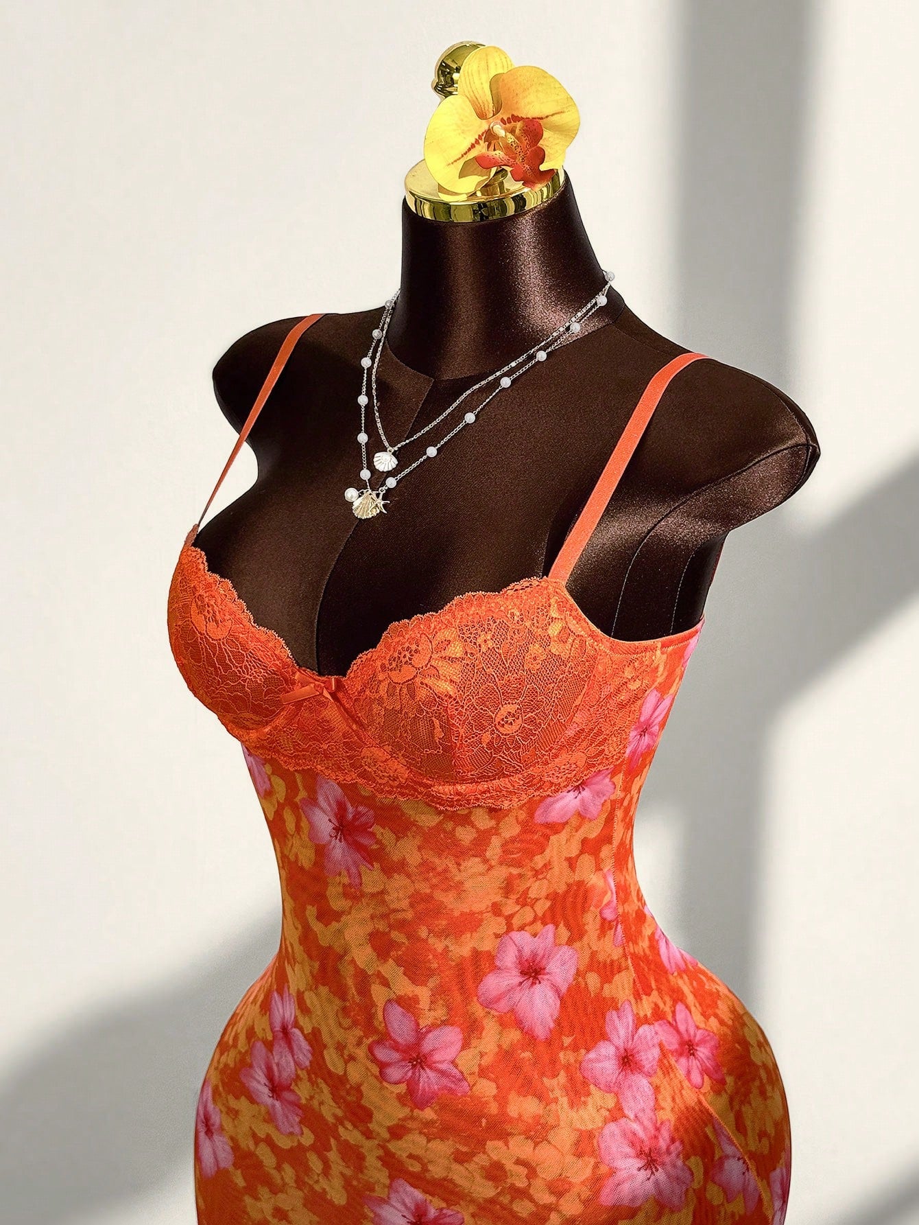 Amplova Lace Cup Detail Tropical Floral Mesh Bodycon Mini Dress,Bohemian Tropical Sexy Clothes Vacation Night Out Burnt Orange Summer