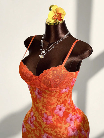 Amplova Lace Cup Detail Tropical Floral Mesh Bodycon Mini Dress,Bohemian Tropical Sexy Clothes Vacation Night Out Burnt Orange Summer