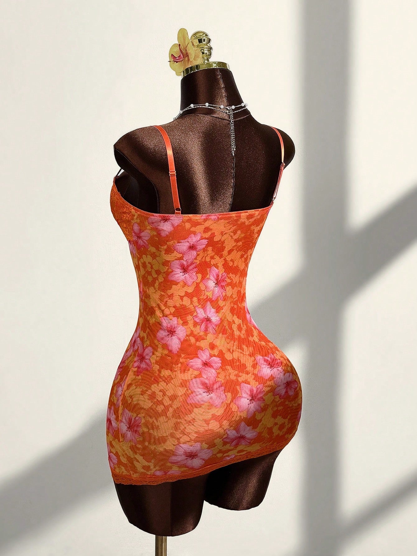 Amplova Lace Cup Detail Tropical Floral Mesh Bodycon Mini Dress,Bohemian Tropical Sexy Clothes Vacation Night Out Burnt Orange Summer