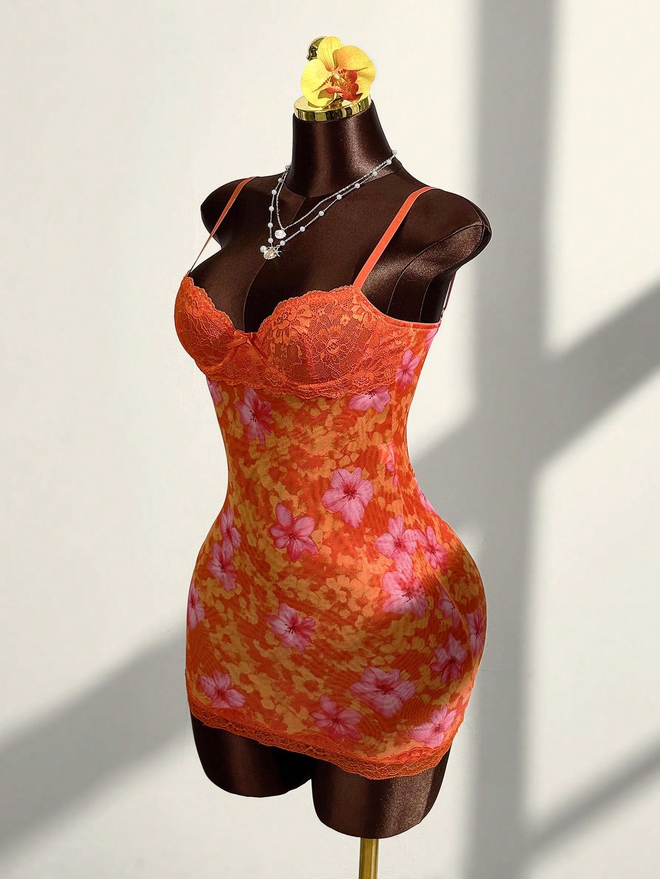 Amplova Lace Cup Detail Tropical Floral Mesh Bodycon Mini Dress,Bohemian Tropical Sexy Clothes Vacation Night Out Burnt Orange Summer