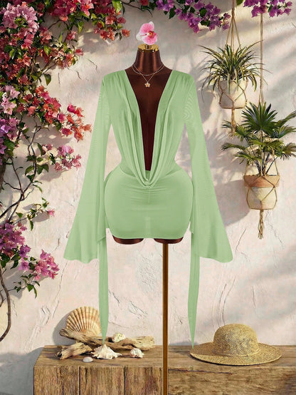 Amplova Romantic Sexy Vacation Earth Tone Low Neck Draped Collar Bell Sleeve Bodycon Mini Dress Club Vacation Vacation Night Out Sage Green Autumn