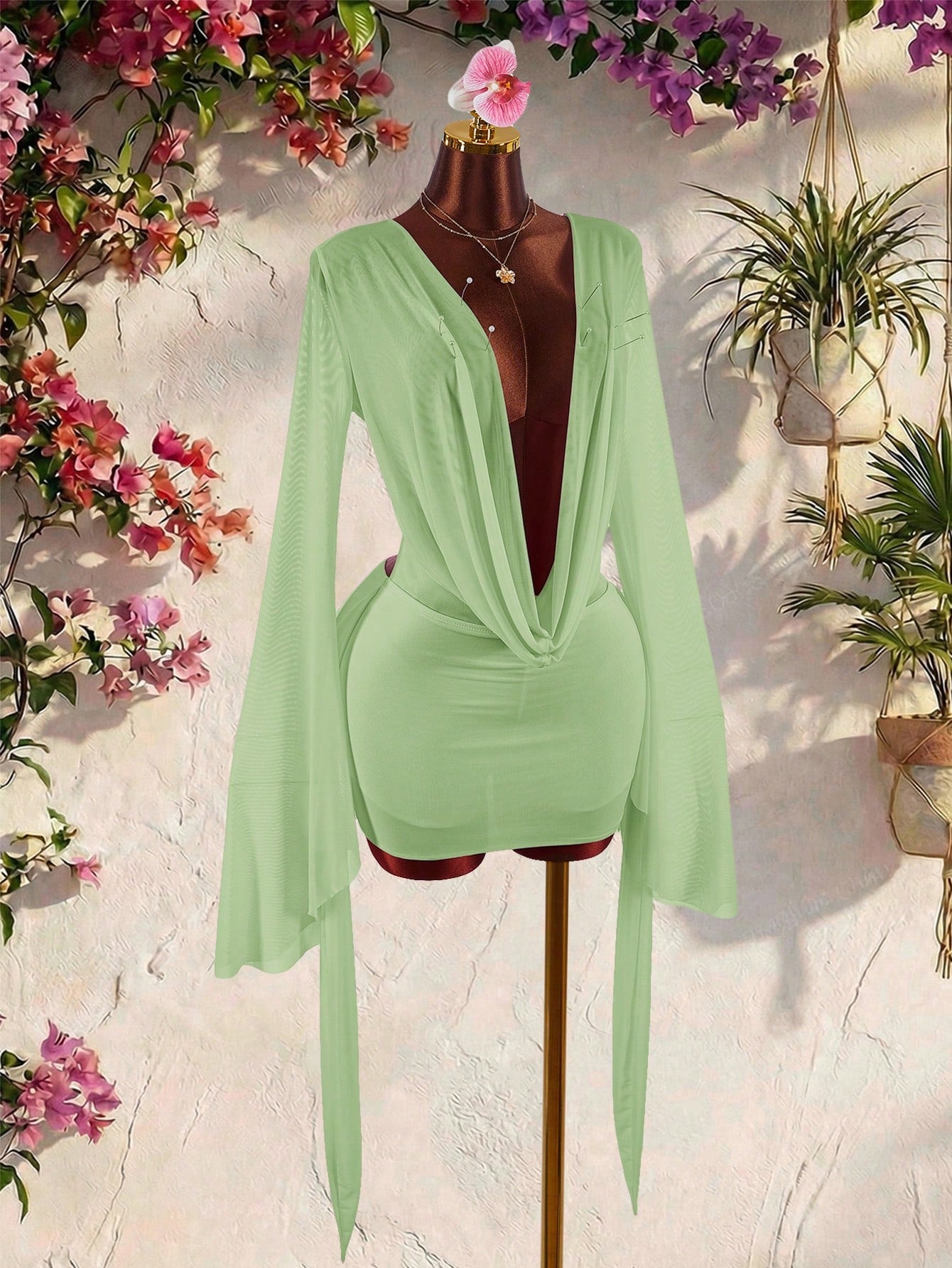 Amplova Romantic Sexy Vacation Earth Tone Low Neck Draped Collar Bell Sleeve Bodycon Mini Dress Club Vacation Vacation Night Out Sage Green Autumn