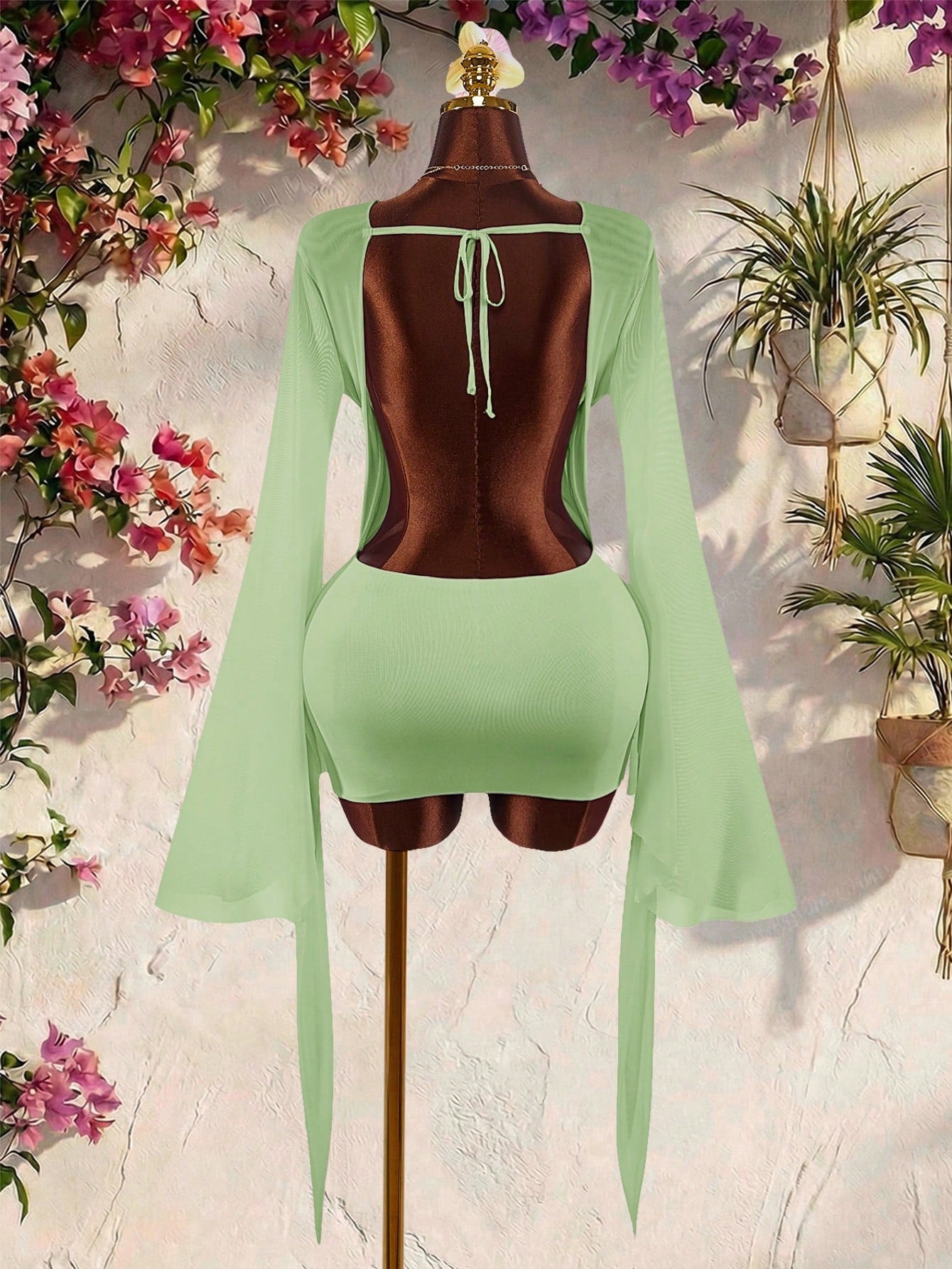 Amplova Romantic Sexy Vacation Earth Tone Low Neck Draped Collar Bell Sleeve Bodycon Mini Dress Club Vacation Vacation Night Out Sage Green Autumn