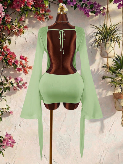 Amplova Romantic Sexy Vacation Earth Tone Low Neck Draped Collar Bell Sleeve Bodycon Mini Dress Club Vacation Vacation Night Out Sage Green Autumn