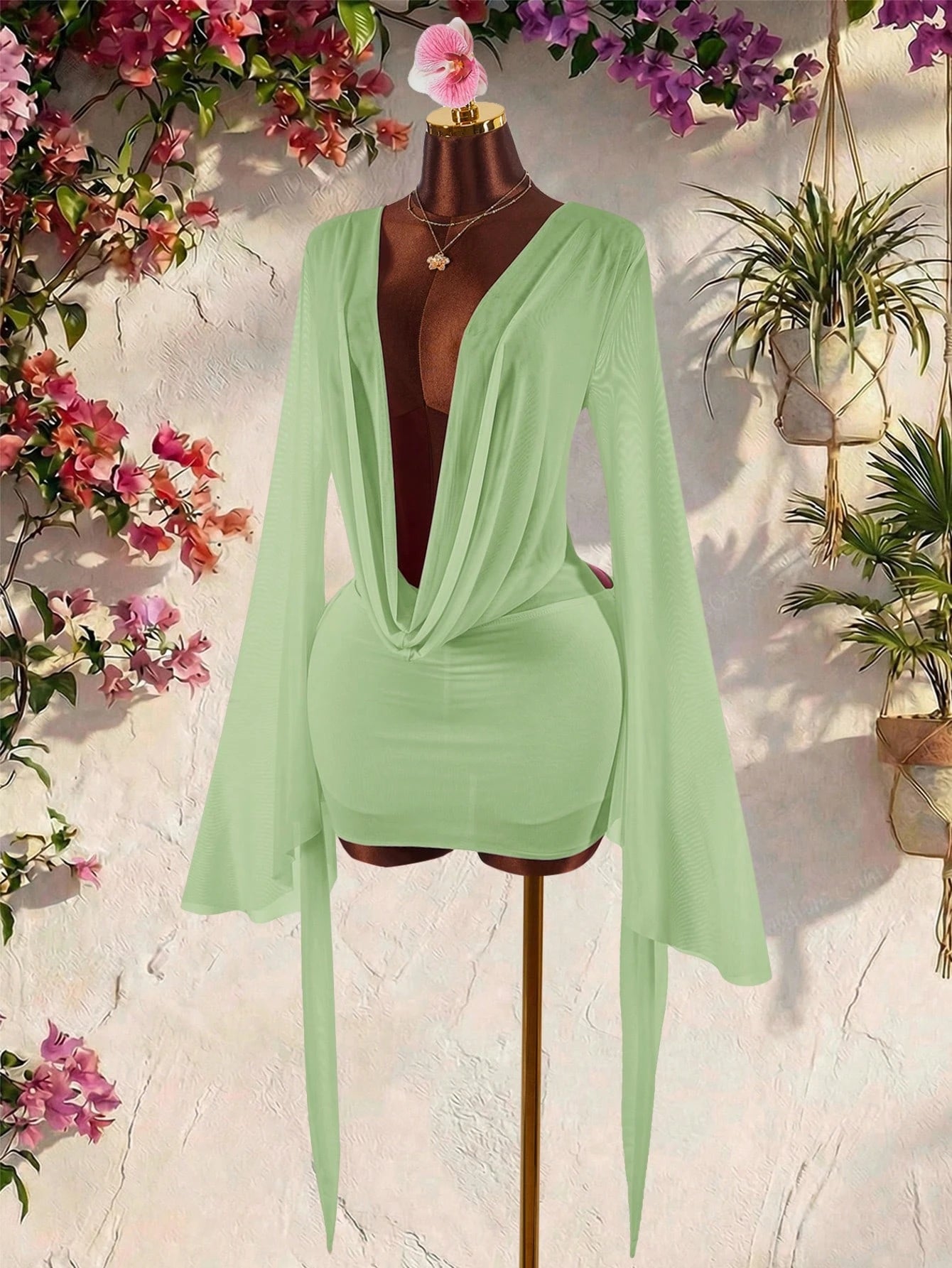 Amplova Romantic Sexy Vacation Earth Tone Low Neck Draped Collar Bell Sleeve Bodycon Mini Dress Club Vacation Vacation Night Out Sage Green Autumn