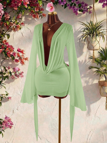 Amplova Romantic Sexy Vacation Earth Tone Low Neck Draped Collar Bell Sleeve Bodycon Mini Dress Club Vacation Vacation Night Out Sage Green Autumn