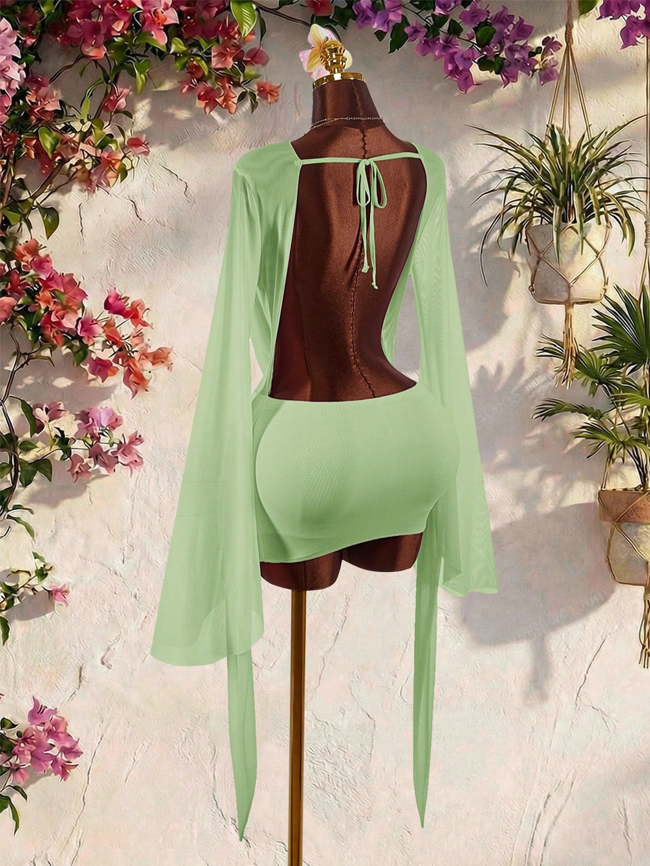 Amplova Romantic Sexy Vacation Earth Tone Low Neck Draped Collar Bell Sleeve Bodycon Mini Dress Club Vacation Vacation Night Out Sage Green Autumn