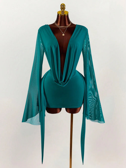 Amplova Romantic Sexy Vacation Earthy Tone Low-Cut Draped Collar, Flared Sleeves, Bodycon Mini Dress Bell Sleeves Night Out Teal Autumn