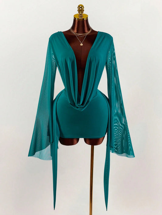 Amplova Romantic Sexy Vacation Earthy Tone Low-Cut Draped Collar, Flared Sleeves, Bodycon Mini Dress Bell Sleeves Night Out Teal Autumn