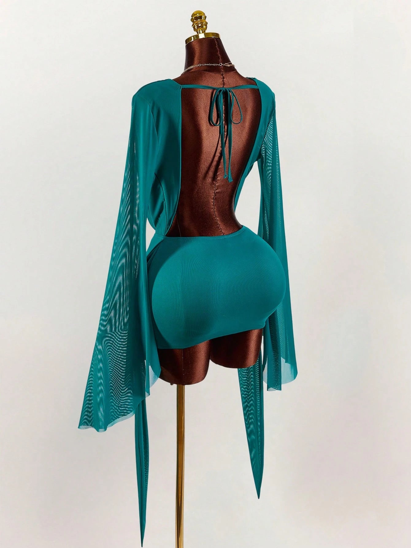 Amplova Romantic Sexy Vacation Earthy Tone Low-Cut Draped Collar, Flared Sleeves, Bodycon Mini Dress Bell Sleeves Night Out Teal Autumn
