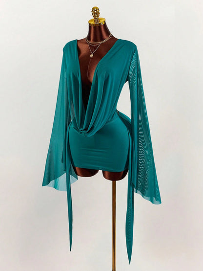 Amplova Romantic Sexy Vacation Earthy Tone Low-Cut Draped Collar, Flared Sleeves, Bodycon Mini Dress Bell Sleeves Night Out Teal Autumn