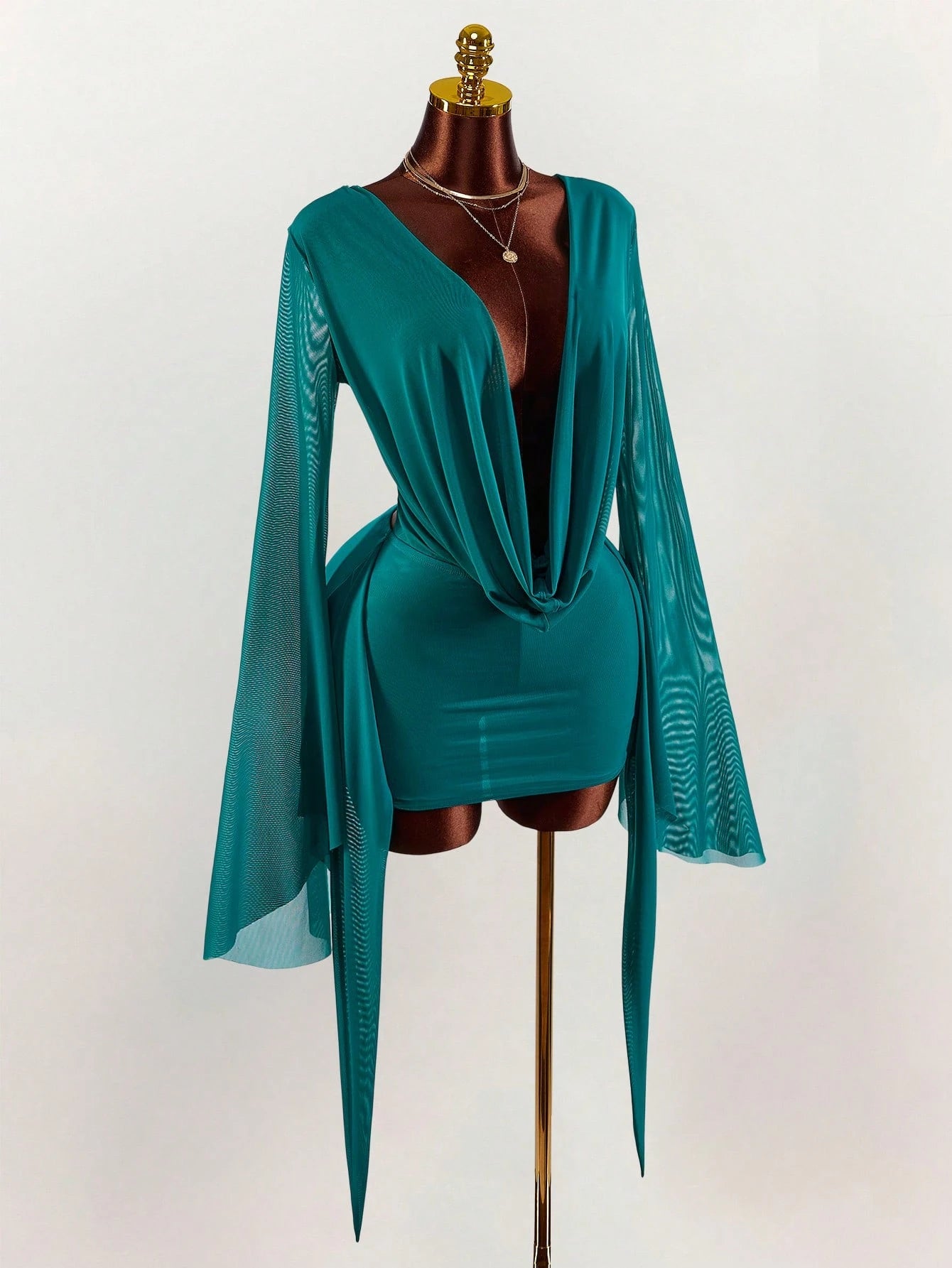 Amplova Romantic Sexy Vacation Earthy Tone Low-Cut Draped Collar, Flared Sleeves, Bodycon Mini Dress Bell Sleeves Night Out Teal Autumn