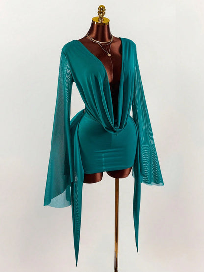 Amplova Romantic Sexy Vacation Earthy Tone Low-Cut Draped Collar, Flared Sleeves, Bodycon Mini Dress Bell Sleeves Night Out Teal Autumn