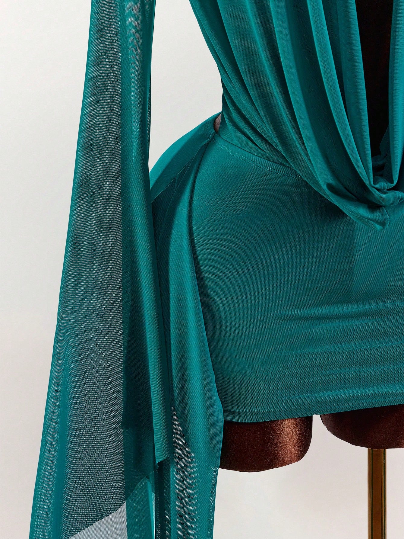 Amplova Romantic Sexy Vacation Earthy Tone Low-Cut Draped Collar, Flared Sleeves, Bodycon Mini Dress Bell Sleeves Night Out Teal Autumn