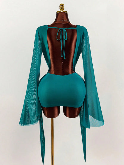 Amplova Romantic Sexy Vacation Earthy Tone Low-Cut Draped Collar, Flared Sleeves, Bodycon Mini Dress Bell Sleeves Night Out Teal Autumn