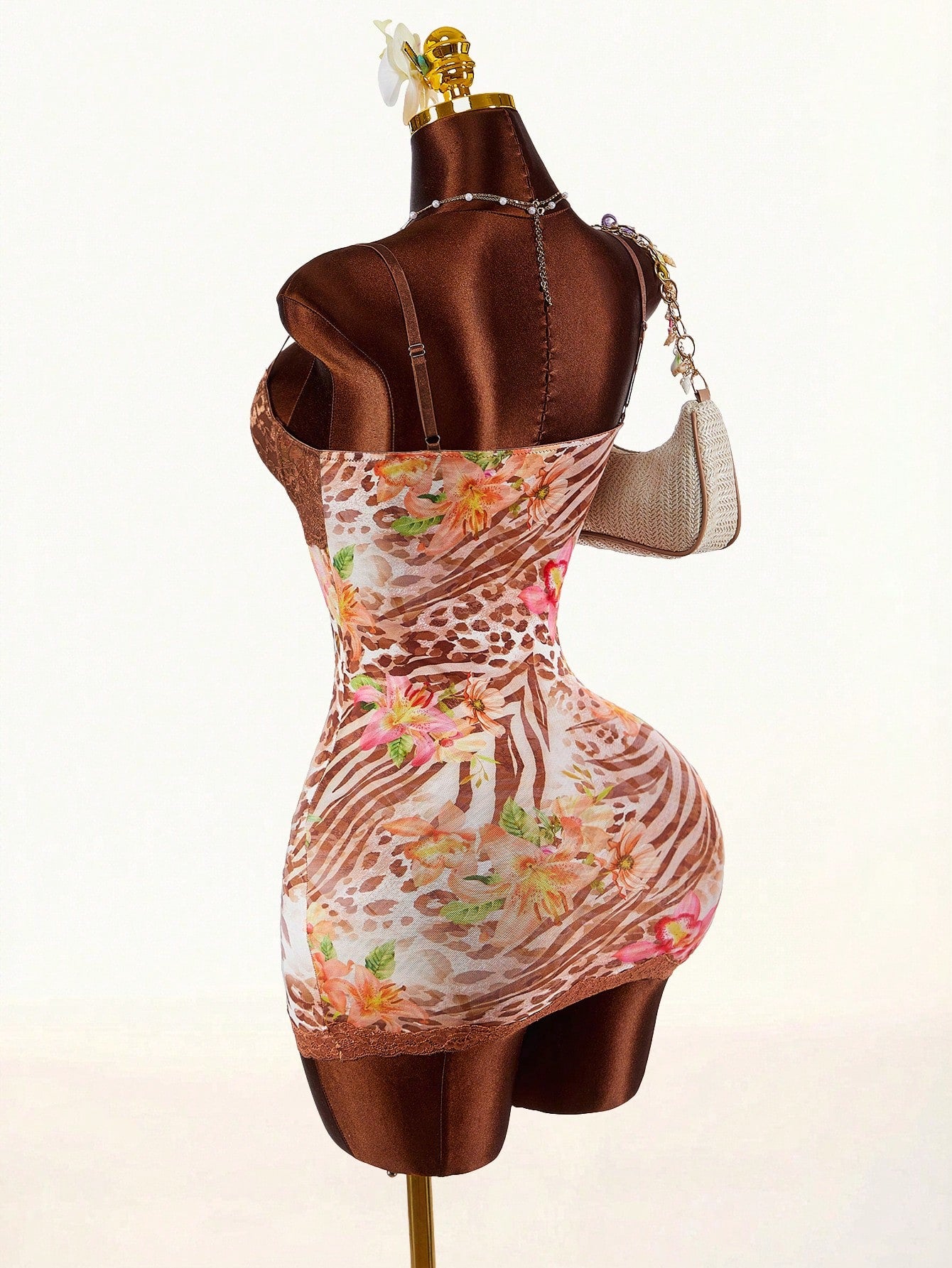 Amplova White Floral Tropical Mesh Bodycon Mini Dress Lace Cup Leopard Zebra Print Sleeveless Built In Bra 70s Summer Club Night Out Night Party Dress Sexy