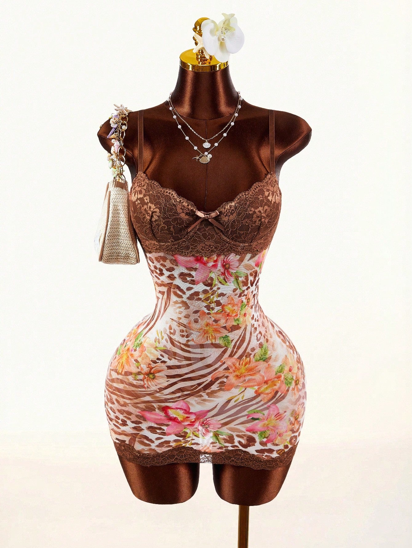 Amplova White Floral Tropical Mesh Bodycon Mini Dress Lace Cup Leopard Zebra Print Sleeveless Built In Bra 70s Summer Club Night Out Night Party Dress Sexy