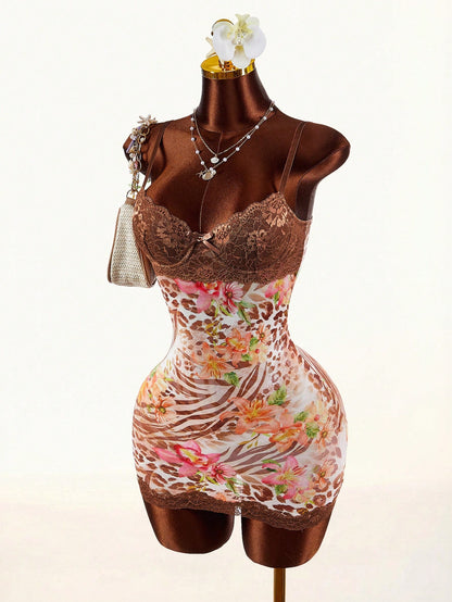 Amplova White Floral Tropical Mesh Bodycon Mini Dress Lace Cup Leopard Zebra Print Sleeveless Built In Bra 70s Summer Club Night Out Night Party Dress Sexy