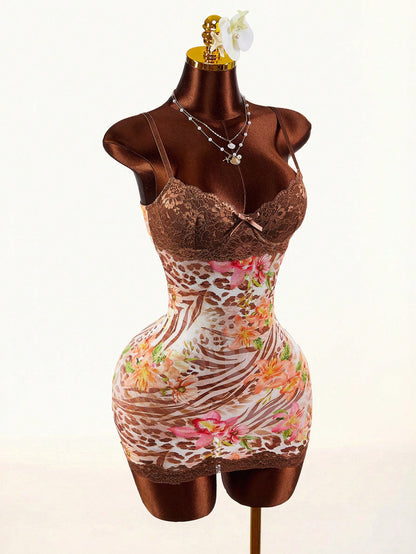 Amplova White Floral Tropical Mesh Bodycon Mini Dress Lace Cup Leopard Zebra Print Sleeveless Built In Bra 70s Summer Club Night Out Night Party Dress Sexy