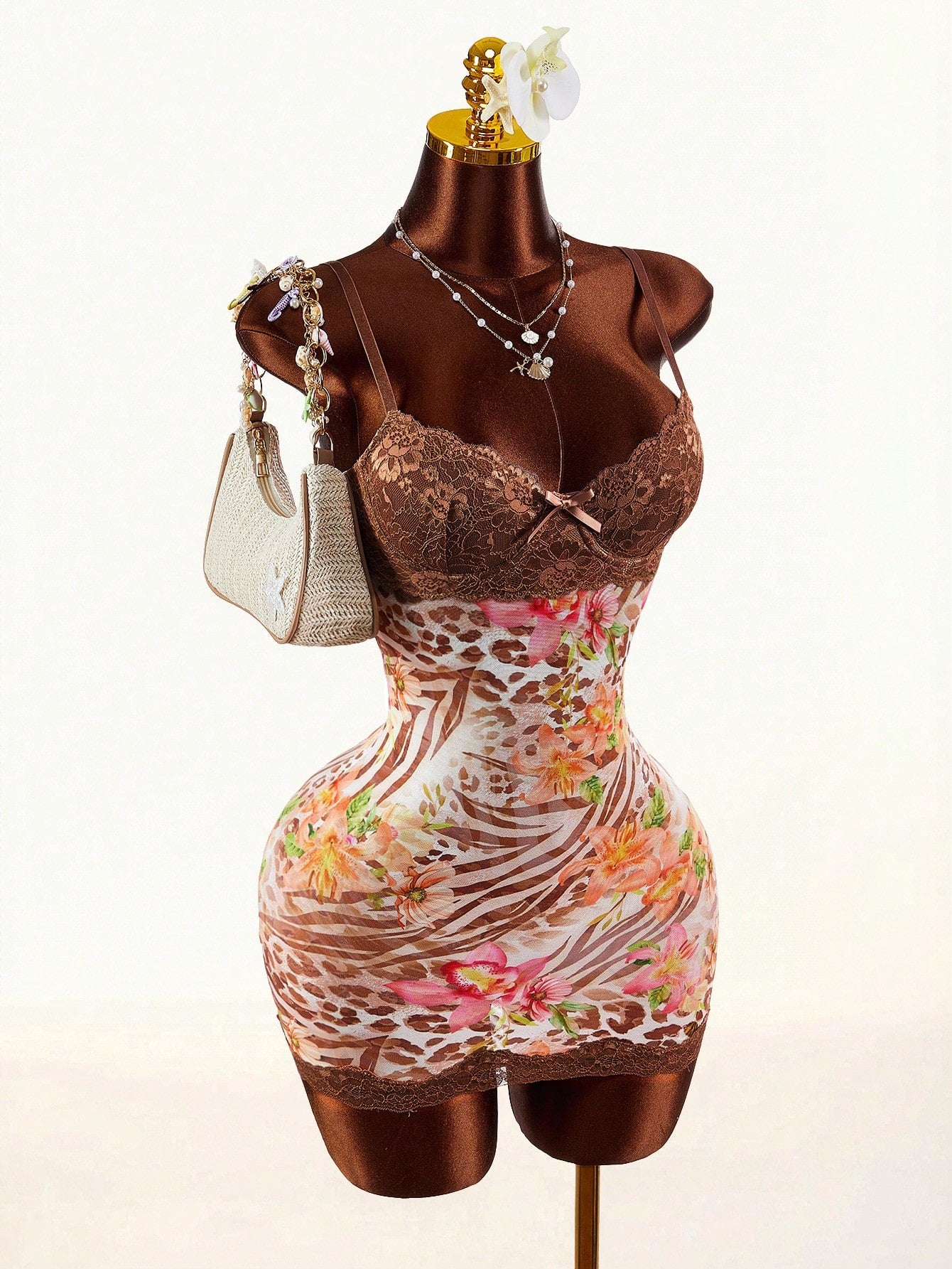 Amplova White Floral Tropical Mesh Bodycon Mini Dress Lace Cup Leopard Zebra Print Sleeveless Built In Bra 70s Summer Club Night Out Night Party Dress Sexy