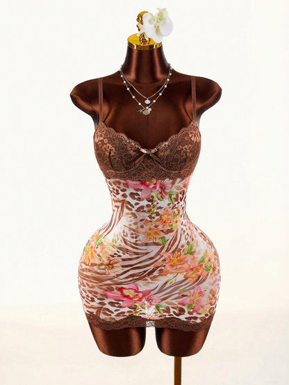 Amplova White Floral Tropical Mesh Bodycon Mini Dress Lace Cup Leopard Zebra Print Sleeveless Built In Bra 70s Summer Club Night Out Night Party Dress Sexy