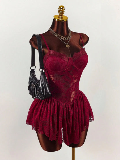 Amplova Women's Mini Slip Dress, Spaghetti Strap, Sexy & Avant-Garde Sheer, Suitable For Evening Parties Burgundy,Red Dress,Christmas Dress,New Year Dress