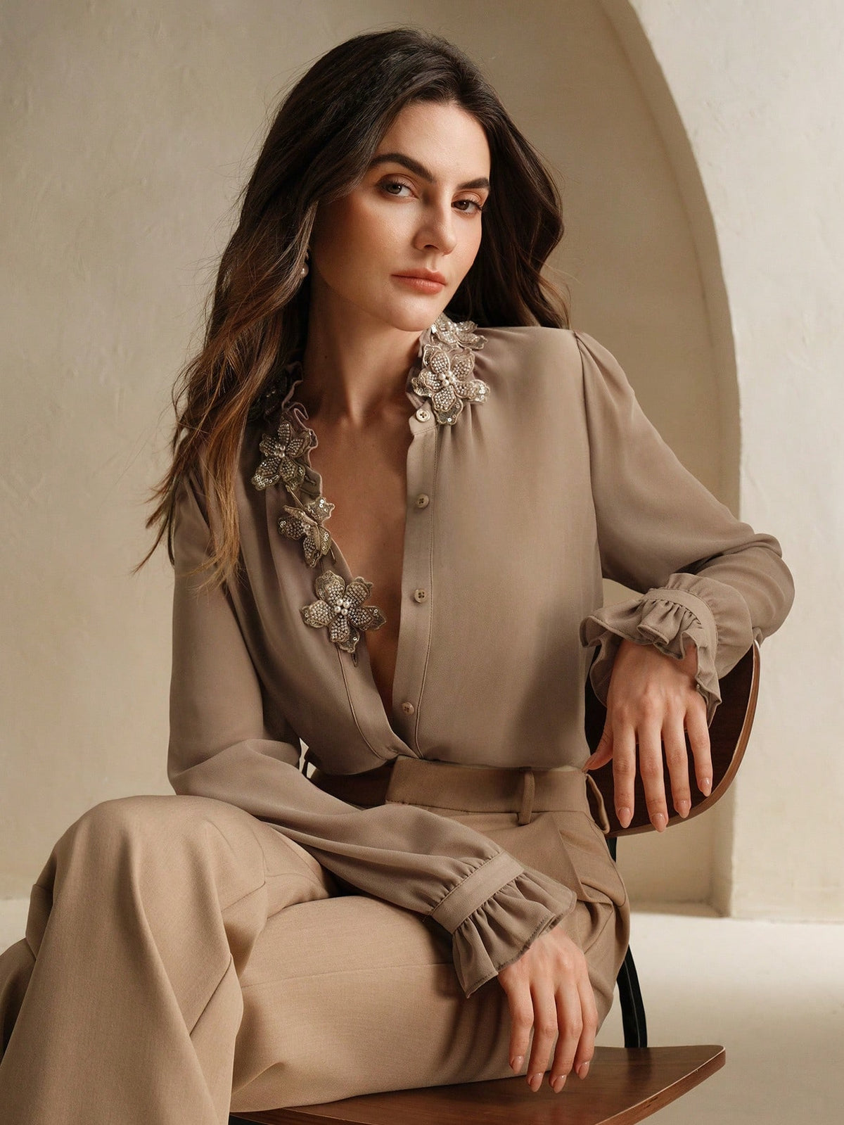 Anewsta Women's Elegant Handmade Floral Collar Decoration Flowy Lightweight Ruffle Hem Long Sleeve Blouse, Autumn/Winter