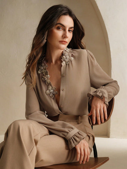 Anewsta Women's Elegant Handmade Floral Collar Decoration Flowy Lightweight Ruffle Hem Long Sleeve Blouse, Autumn/Winter