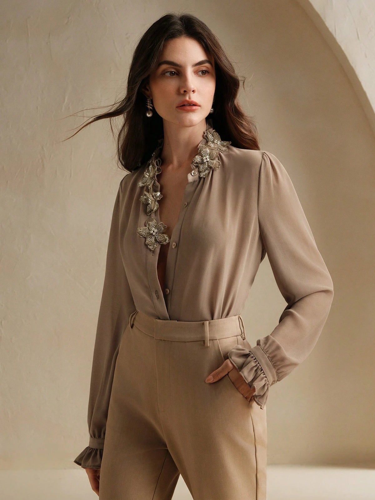 Anewsta Women's Elegant Handmade Floral Collar Decoration Flowy Lightweight Ruffle Hem Long Sleeve Blouse, Autumn/Winter