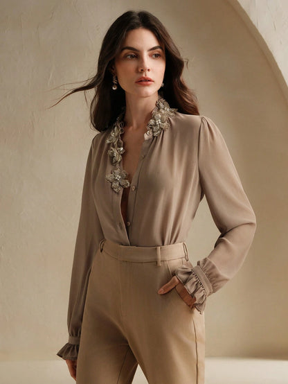 Anewsta Women's Elegant Handmade Floral Collar Decoration Flowy Lightweight Ruffle Hem Long Sleeve Blouse, Autumn/Winter