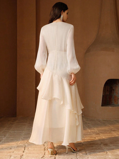 Anewsta Women's Elegant Vacation Party Formal Dress, All White Satin Shiny Square Neck Long Sleeve Multi-Layer Pleated Cinched Waist Full Skirt Dress Autumn