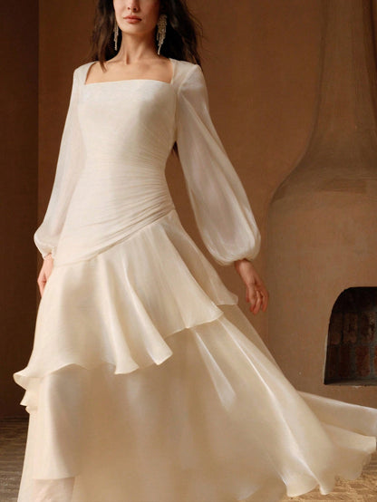 Anewsta Women's Elegant Vacation Party Formal Dress, All White Satin Shiny Square Neck Long Sleeve Multi-Layer Pleated Cinched Waist Full Skirt Dress Autumn