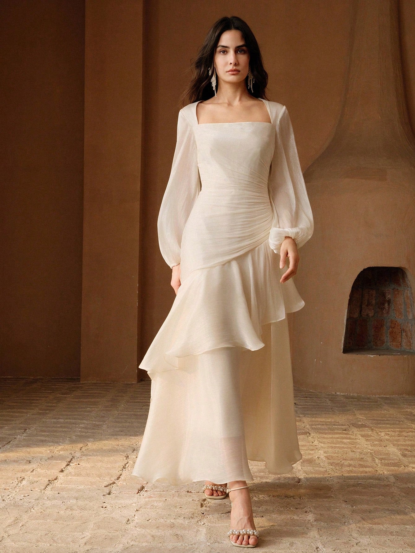 Anewsta Women's Elegant Vacation Party Formal Dress, All White Satin Shiny Square Neck Long Sleeve Multi-Layer Pleated Cinched Waist Full Skirt Dress Autumn