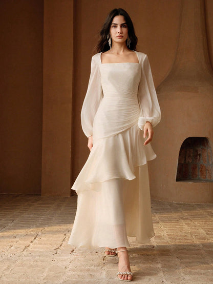 Anewsta Women's Elegant Vacation Party Formal Dress, All White Satin Shiny Square Neck Long Sleeve Multi-Layer Pleated Cinched Waist Full Skirt Dress Autumn