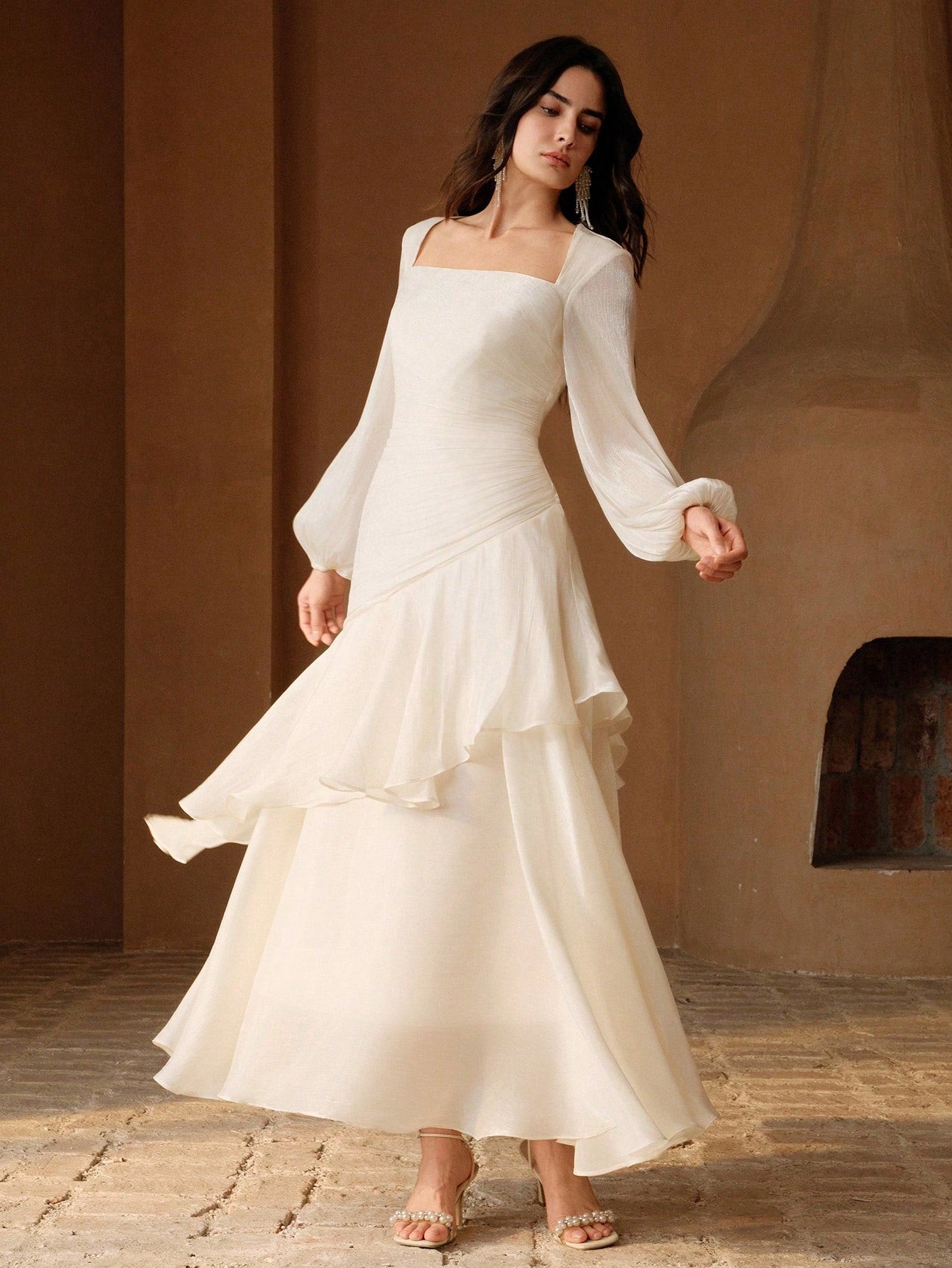 Anewsta Women's Elegant Vacation Party Formal Dress, All White Satin Shiny Square Neck Long Sleeve Multi-Layer Pleated Cinched Waist Full Skirt Dress Autumn