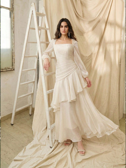 Anewsta Women's Elegant Vacation Party Formal Dress, All White Satin Shiny Square Neck Long Sleeve Multi-Layer Pleated Cinched Waist Full Skirt Dress Autumn