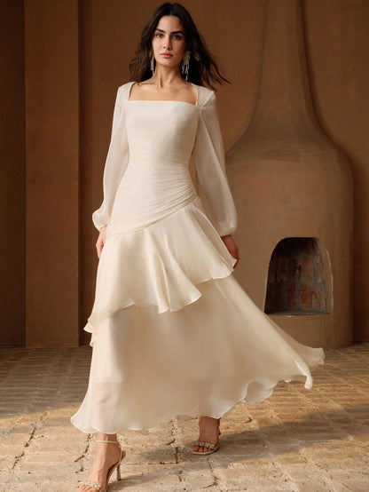 Anewsta Women's Elegant Vacation Party Formal Dress, All White Satin Shiny Square Neck Long Sleeve Multi-Layer Pleated Cinched Waist Full Skirt Dress Autumn