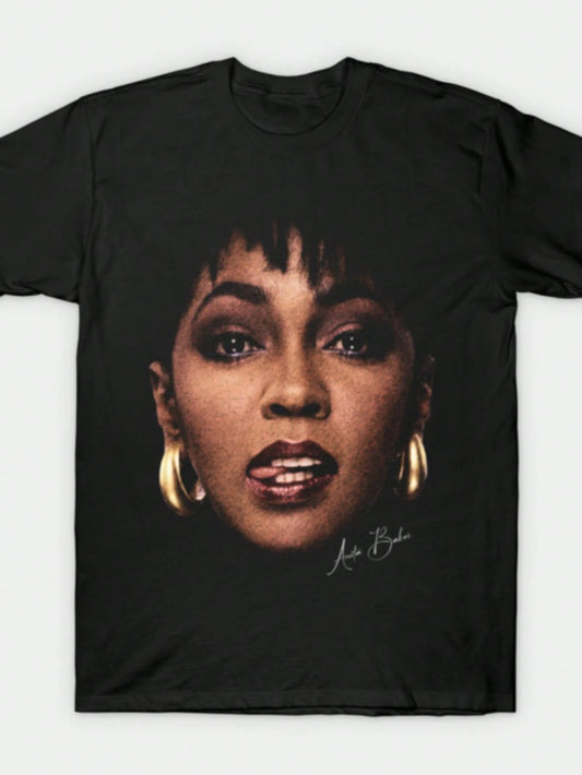 Anita Baker Vintage R&B Singer Portrait Graphic T-Shirt, Soul Music Fan Tee, Casual Cotton Crew Neck Top, Summer Tops For Women