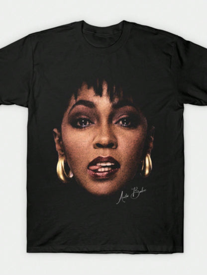 Anita Baker Vintage R&B Singer Portrait Graphic T-Shirt, Soul Music Fan Tee, Casual Cotton Crew Neck Top, Summer Tops For Women